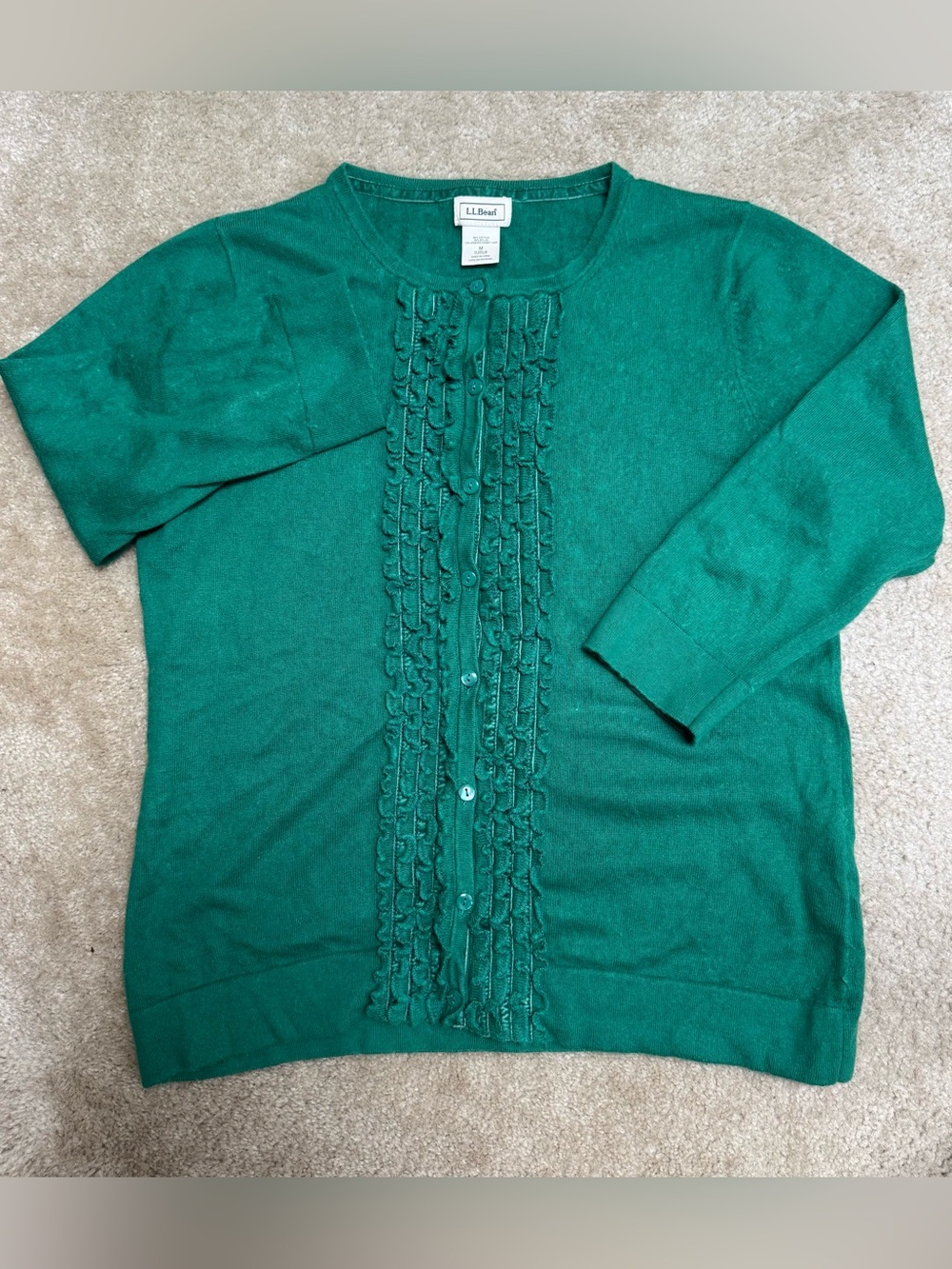 L.L. Bean Sz M Cotton/Angora Blend Emerald Green Ruffle-Front Cardigan Sweater